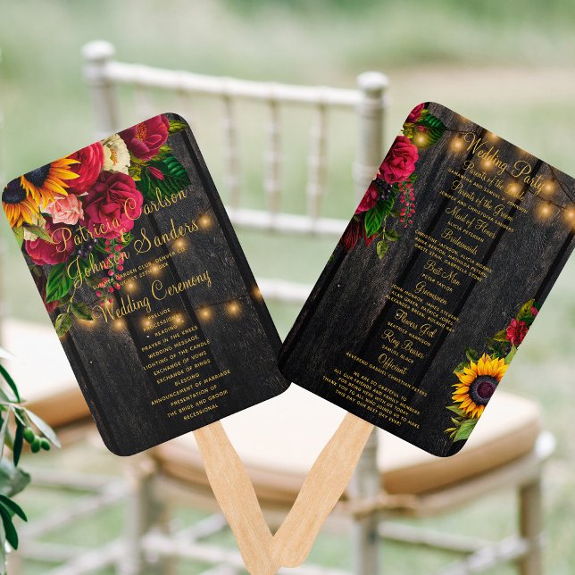 Rustic floral wood string lights wedding program hand fan (Creator Uploaded)