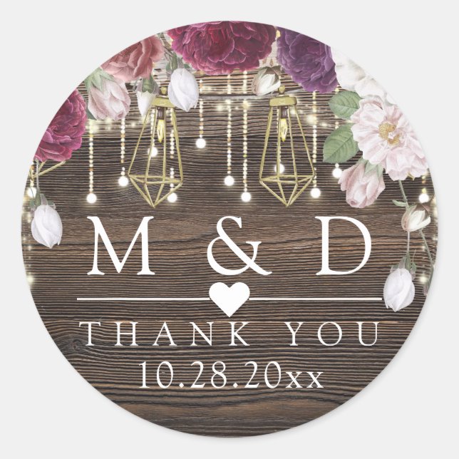 Rustic Floral Wood String lights Wedding Thank you Classic Round Sticker (Front)