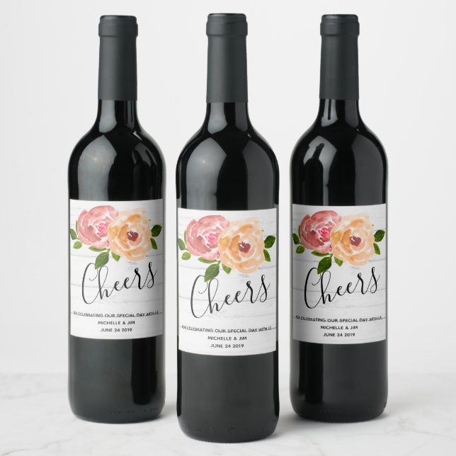 Rustic floral wooden wedding wine labe label (Bottles)