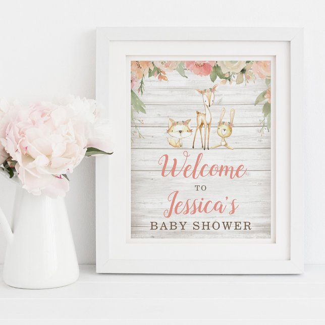 Rustic Floral Woodland Animals Baby Shower Welcome Poster (Creator Uploaded)