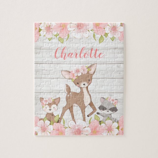 Rustic Floral Woodland Animals Personalised Kids Jigsaw Puzzle (Vertical)