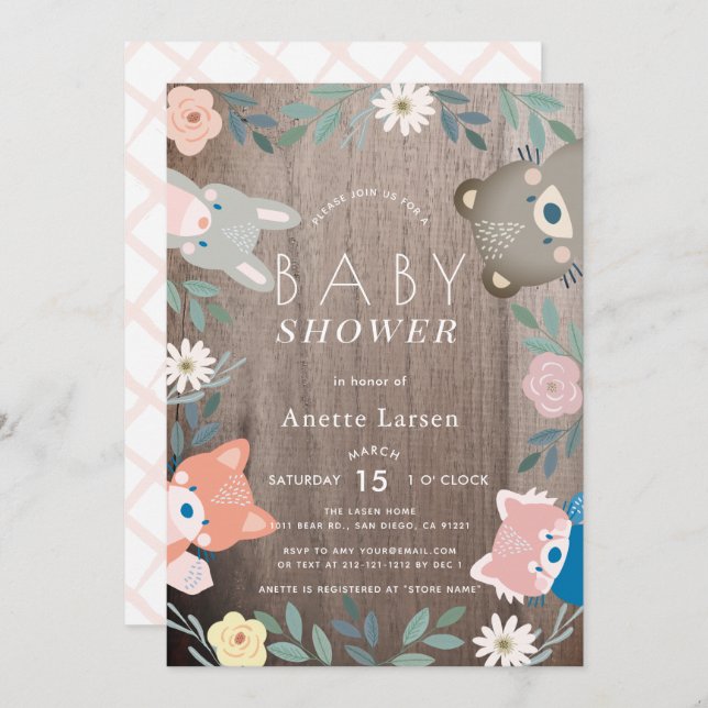 Rustic Floral Woodland Animals Pink Baby Shower Invitation (Front/Back)