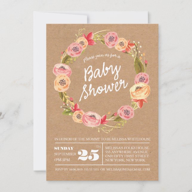 Rustic Floral Wreath BABY Shower Invite (Front)