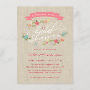 Rustic Floral Wreath Beige Burlap Bridal Shower Invitation