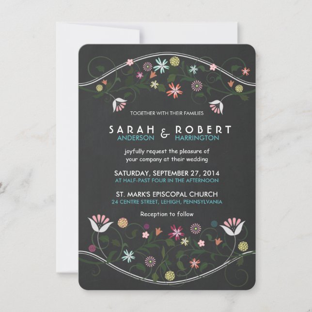 Rustic Floral Wreath Chalkboard Wedding Invitation (Front)