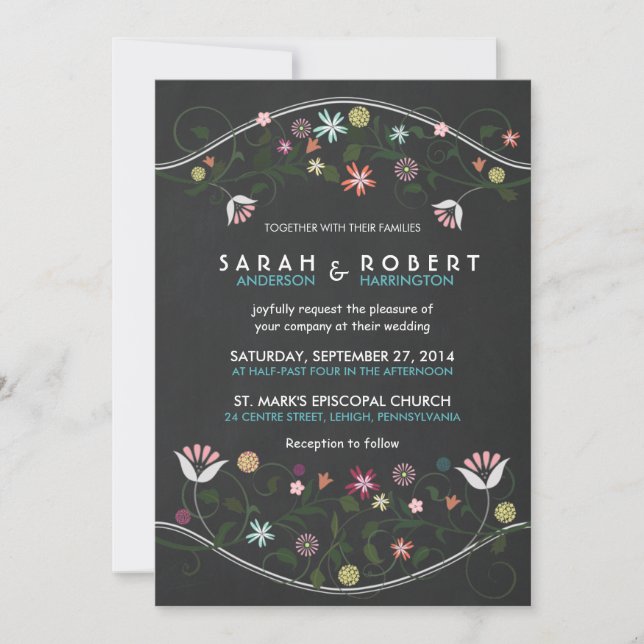 Rustic Floral Wreath Chalkboard Wedding Invitation (Front)
