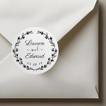 Rustic Floral Wreath Couple Names Wedding Classic Round Sticker<br><div class="desc">Custom-designed wedding stickers featuring rustic floral wreath design with couple names and date.</div>