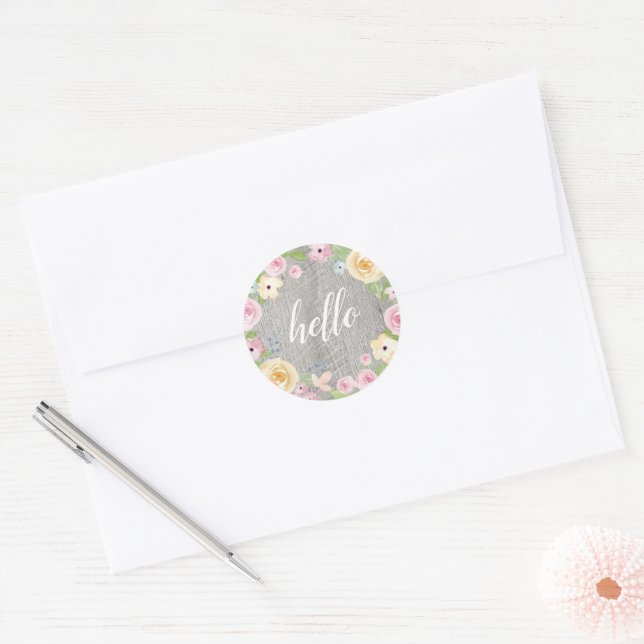 Rustic Floral Wreath Hello Classic Round Sticker (Envelope)