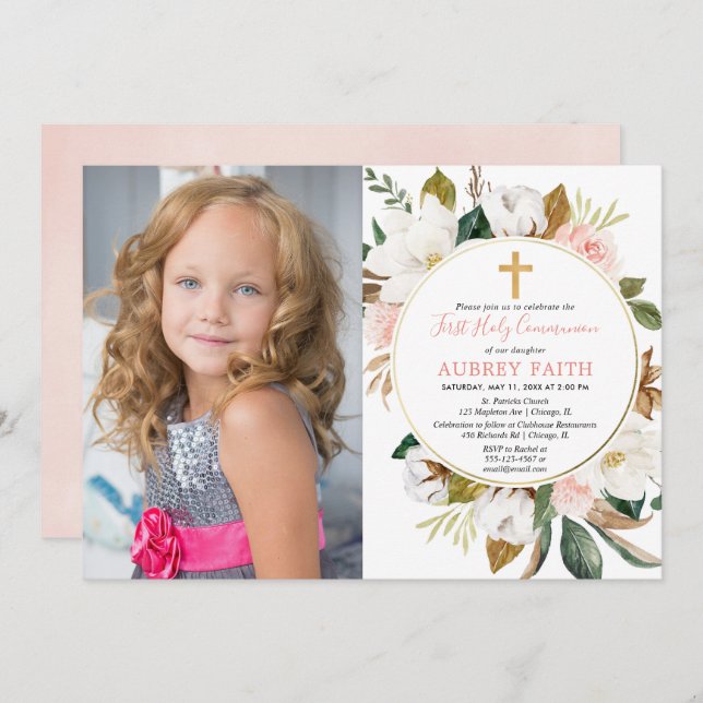 Rustic floral wreath pink first communion photo invitation (Front/Back)