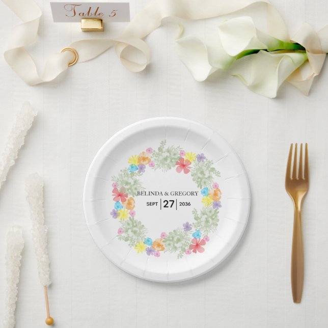 Rustic Floral Wreath Wedding  Paper Plate (Wedding)