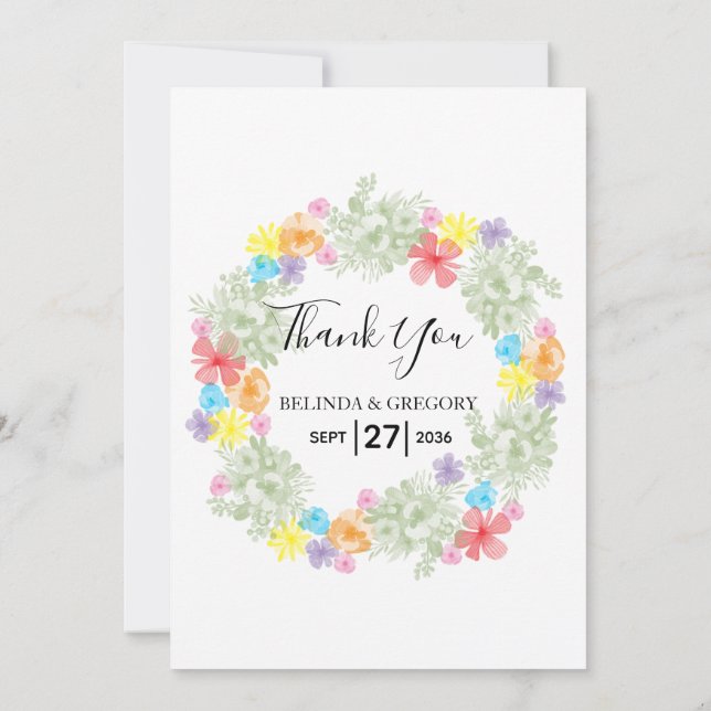 Rustic Floral Wreath Wedding Thank You Card (Back)