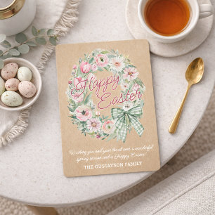 Rustic Floral Wreath White Sage Green Plaid Bow Holiday Card
