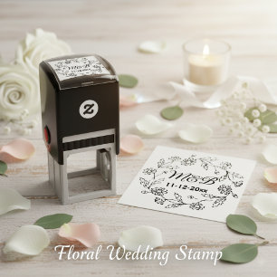 Rustic Floral Wreath with Monograms & Wedding Date Self-inking Stamp