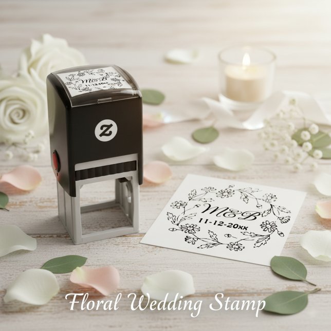 Rustic Floral Wreath with Monograms & Wedding Date Self-inking Stamp (Rustic floral wedding stamper. 🌼❤️)