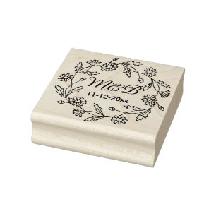 Rustic Floral Wreath with Monograms Wedding Rubber Stamp