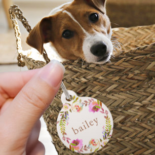 Rustic Floral Wreath with Pet's Name and Phone Pet Tag