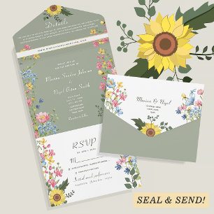 Rustic Floral Yellow and Sage Green Wedding All In One Invitation