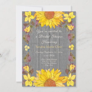 Rustic Floral Yellow Sunflower Grey Bridal Shower Invitation