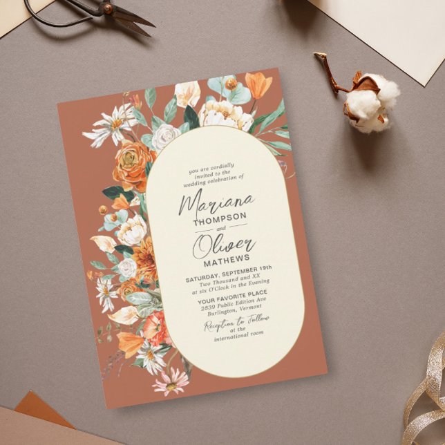 Rustic Florals Double Arch Terracotta Wedding Invitation (Creator Uploaded)