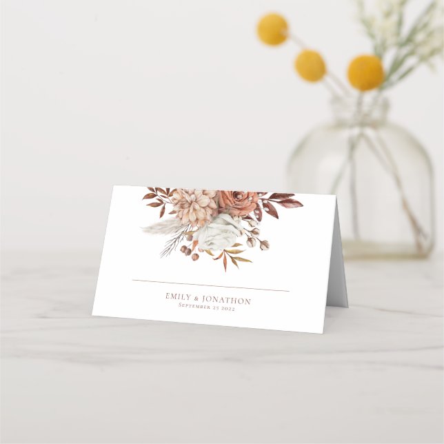 Rustic Florals Names Brown Text Date Wedding  Place Card (Front)