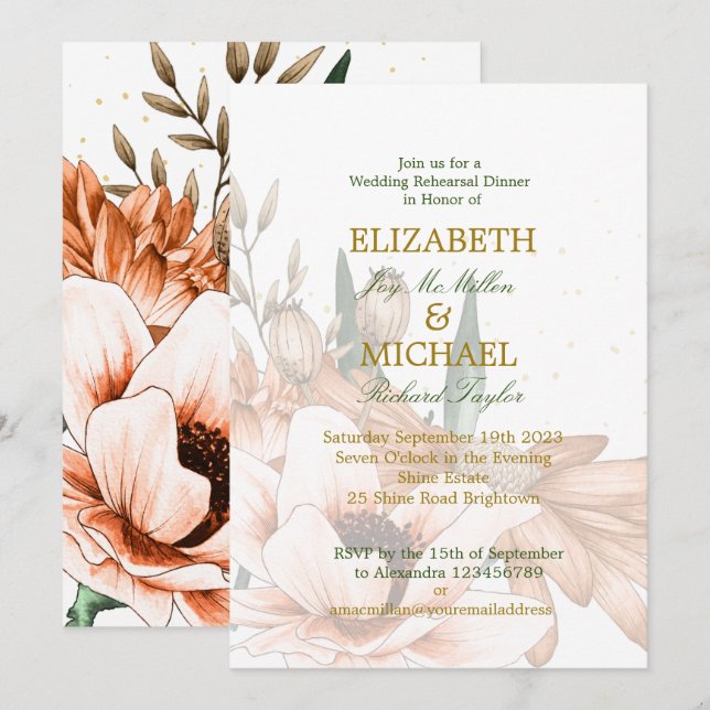 Rustic FloralTerracotta Elegant Wedding Rehearsal  Invitation (Front/Back)