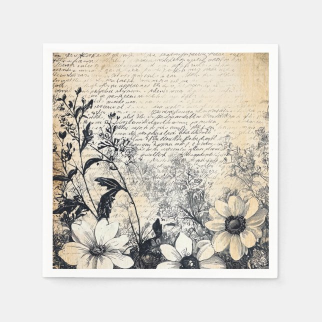 Rustic Flower and Calligraphy - Aged Brown Paper 1 Napkin (Front)