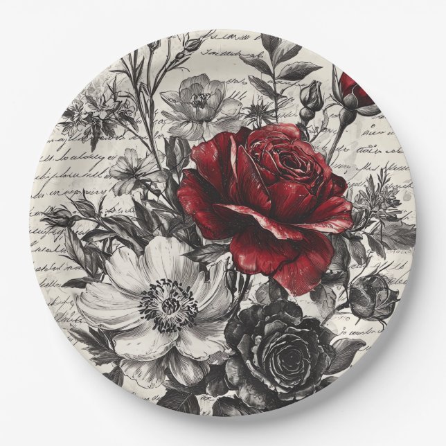 Rustic Flower and Calligraphy - Aged Brown Paper 3 Plate (Front)