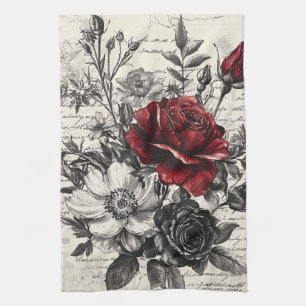 Rustic Flower and Calligraphy - Aged Brown Paper 3 Tea Towel