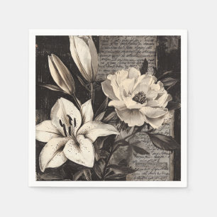 Rustic Flower and Calligraphy - Aged Brown Paper 4 Napkin