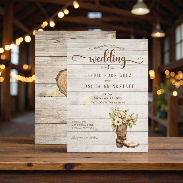 Rustic Flower Boot on Wood Wedding Invitation (Creator Uploaded)