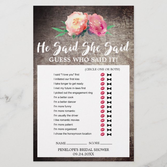 Rustic Flower Bouquet "He Said She Said" Game (Front)