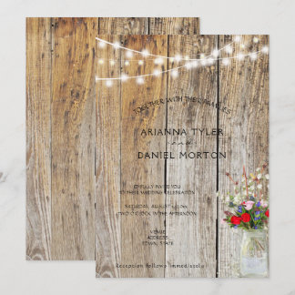 Rustic Flower Bouquet Mason Jar String Lights Invitation