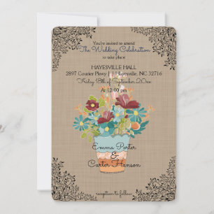 Rustic Flower Burlap Wedding Invitation