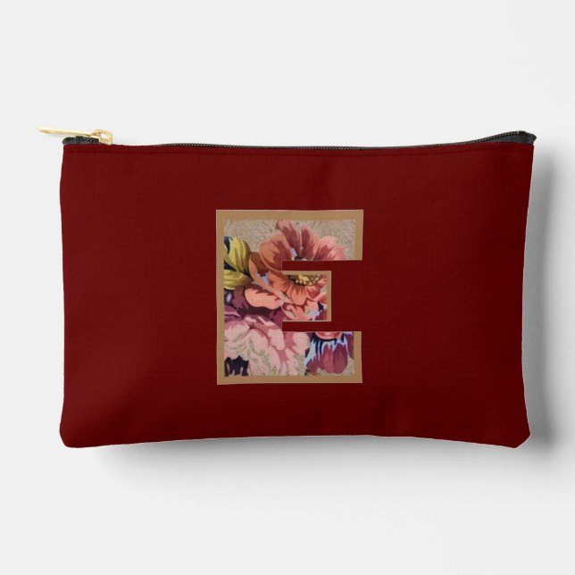 Rustic Flower Initial E Burgundy Accessory Pouch (Front)