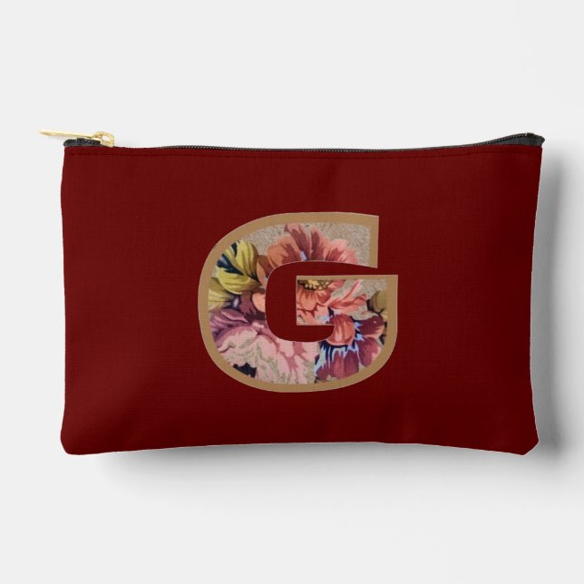 Rustic Flower Initial G Burgundy Accessory Pouch (Front)