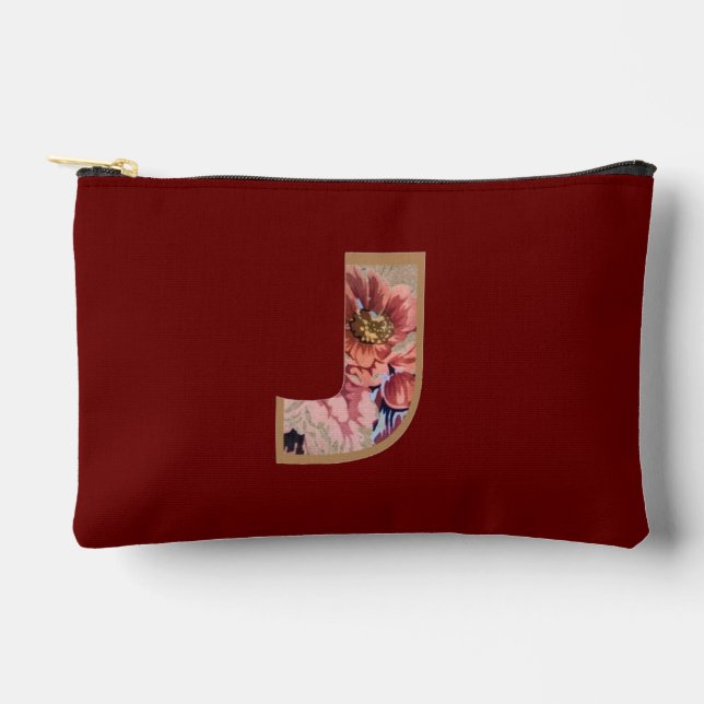 Rustic Flower Initial J Burgundy Accessory Pouch (Front)