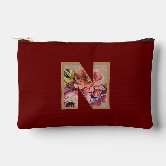Rustic Flower Initial N Burgundy Accessory Pouch (Front)