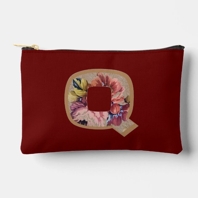 Rustic Flower Initial Q Burgundy Accessory Pouch (Front)