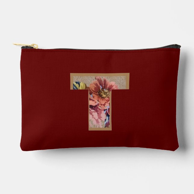 Rustic Flower Initial T Burgundy Accessory Pouch (Front)