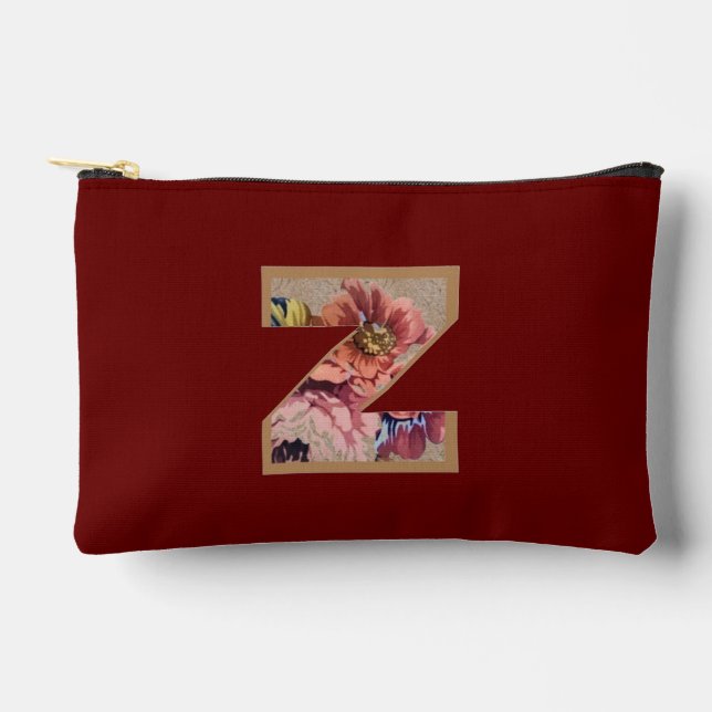 Rustic Flower Initial Z Burgundy Accessory Pouch (Front)