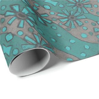 Rustic Flowers, Abstract Floral Pattern Teal Grey Wrapping Paper