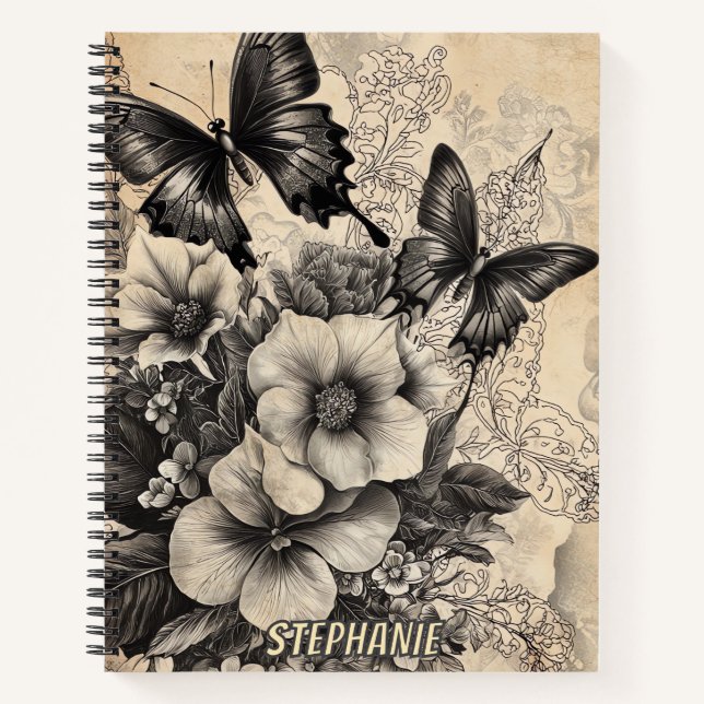 Rustic Flowers and Butterfly - Aged Paper (10) Notebook (Front)