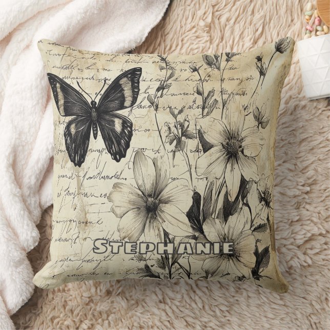 Rustic Flowers and Butterfly - Aged Paper (1) Cushion (Blanket)