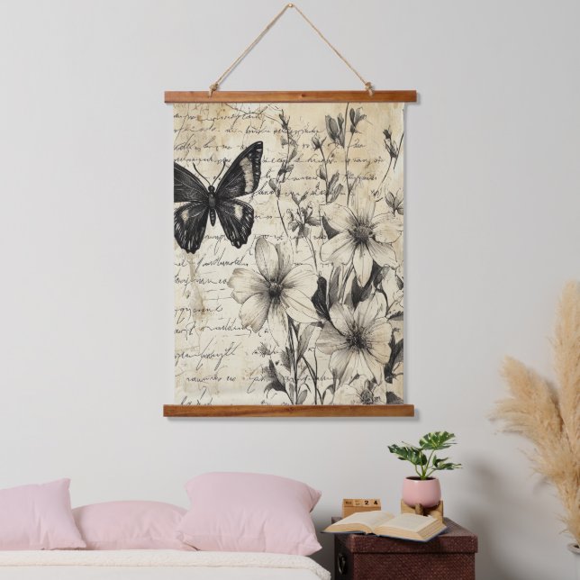 Rustic Flowers and Butterfly - Aged Paper (1) Hanging Tapestry (Bedroom)