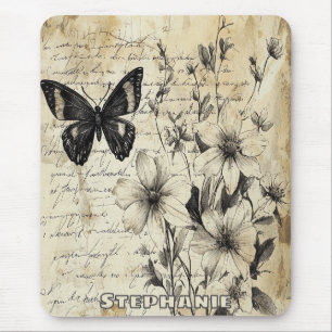 Rustic Flowers and Butterfly - Aged Paper (1) Mouse Pad