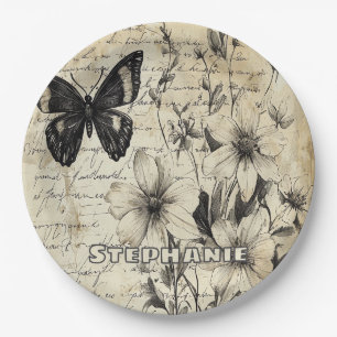 Rustic Flowers and Butterfly - Aged Paper (1) Plate