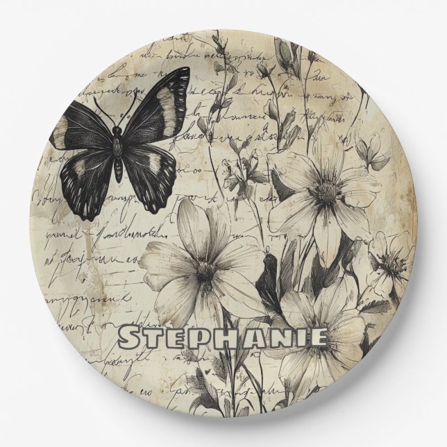 Rustic Flowers and Butterfly - Aged Paper (1) Plate (Front)