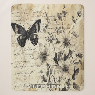 Rustic Flowers and Butterfly - Aged Paper (1) Sherpa Blanket