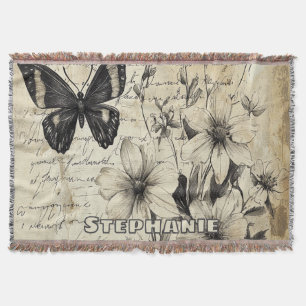 Rustic Flowers and Butterfly - Aged Paper (1) Throw Blanket