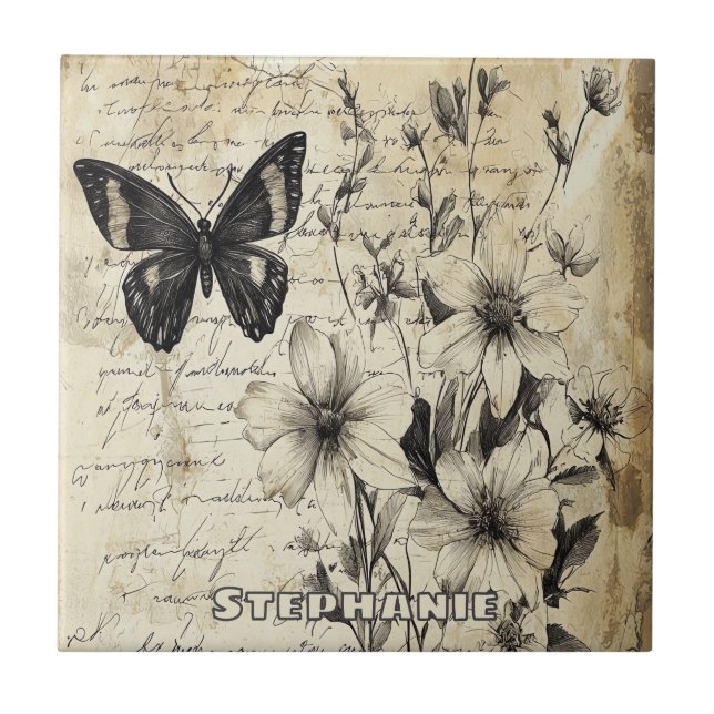 Rustic Flowers and Butterfly - Aged Paper (1) Tile (Front)